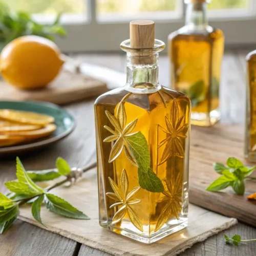 Golden homemade verbena liqueur in elegant glass bottles with fresh green verbena leaves, citrus zests, and soft natural ligh