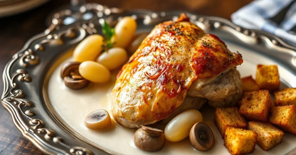 Golden roasted chicken Gaston Gérard with creamy sauce, white grapes, mushrooms and golden croutons on elegant serving platt