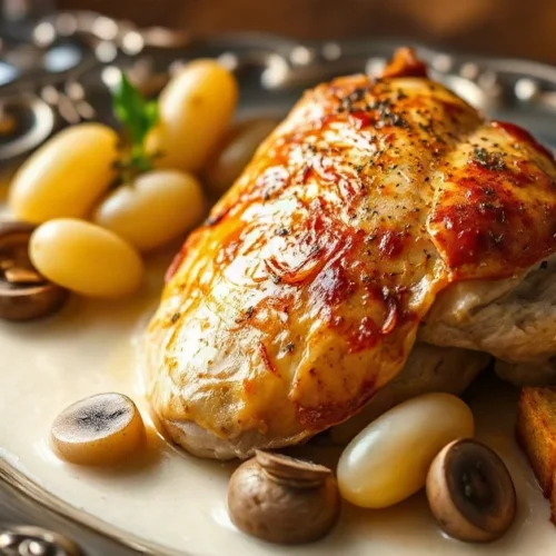 Golden roasted chicken Gaston Gérard with creamy sauce, white grapes, mushrooms and golden croutons on elegant serving platt