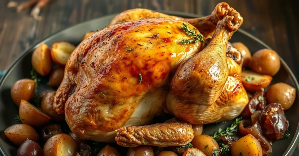 Golden roasted whole chicken with crispy skin surrounded by roasted potatoes and caramelized onions, fresh herbs, aromatic th