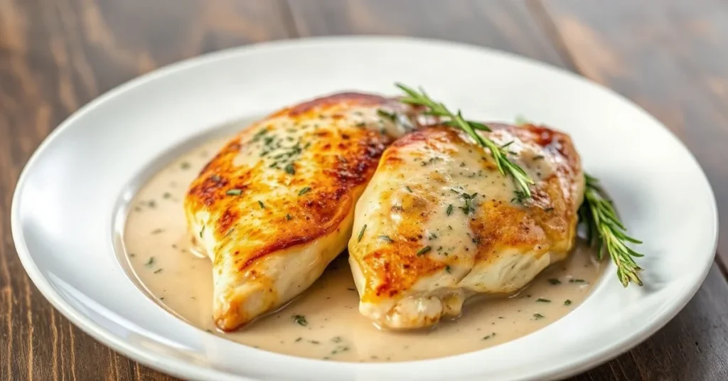 Golden seared chicken breasts in creamy white wine sauce with fresh thyme and rosemary, plated elegantly with herbs garnish,