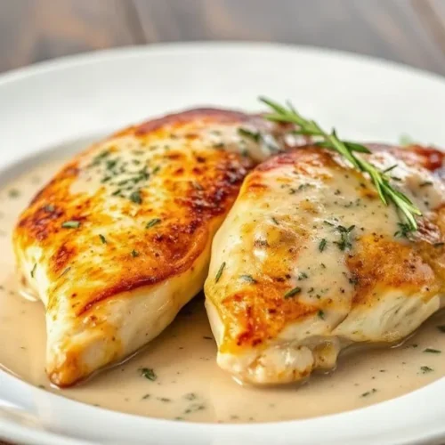 Golden seared chicken breasts in creamy white wine sauce with fresh thyme and rosemary, plated elegantly with herbs garnish,