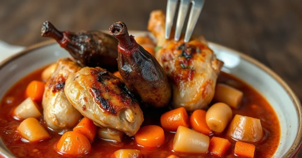 Hearty braised chicken gizzards in rich tomato wine sauce with carrots and onions, rustic French cuisine, appetizing presenta