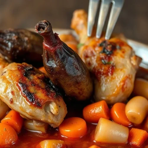 Hearty braised chicken gizzards in rich tomato wine sauce with carrots and onions, rustic French cuisine, appetizing presenta