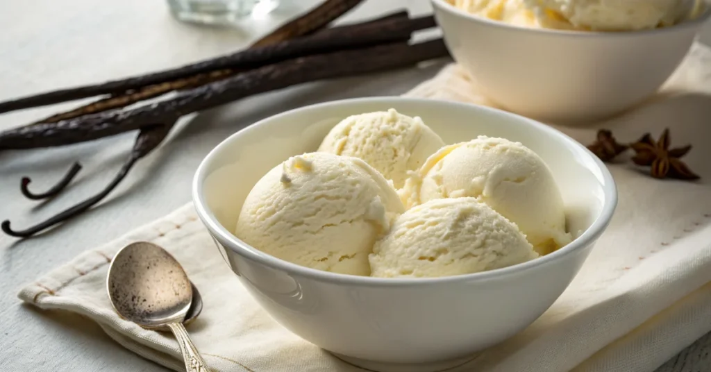 Homemade vanilla ice cream in white bowl, creamy texture, gourmet presentation, fresh vanilla beans, professional food photog