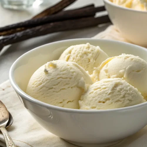 Homemade vanilla ice cream in white bowl, creamy texture, gourmet presentation, fresh vanilla beans, professional food photog