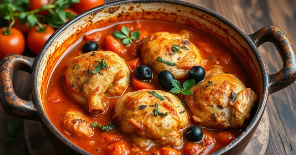 Italian Chicken Cacciatore in rustic pot with tomatoes, black olives, fresh herbs, and golden-brown chicken pieces in rich to