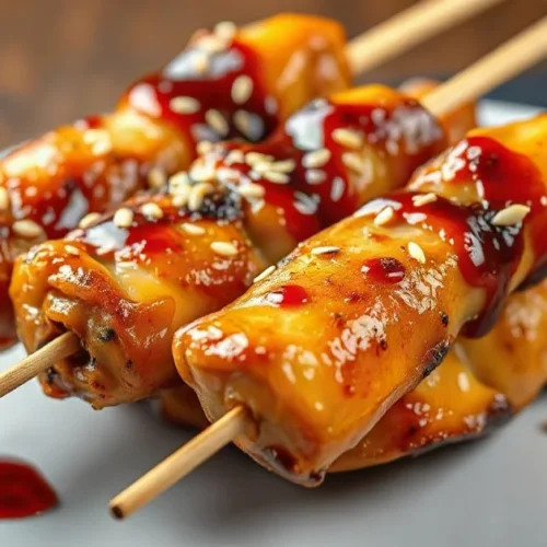 Japanese yakitori chicken skewers grilled to perfection golden brown glazed teriyaki sauce sprinkled sesame seeds restaurant