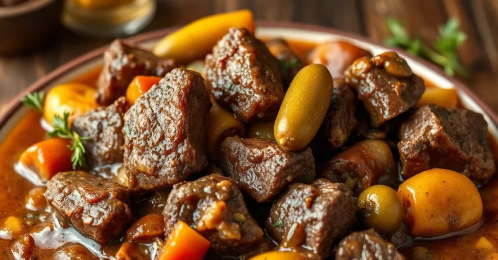 Landscape photo of tender beef stew with gherkins in rich brown sauce, rustic French braised meat platter with vegetables and