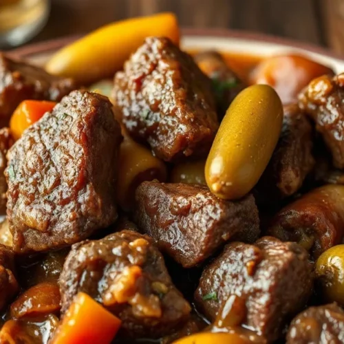 Landscape photo of tender beef stew with gherkins in rich brown sauce, rustic French braised meat platter with vegetables and