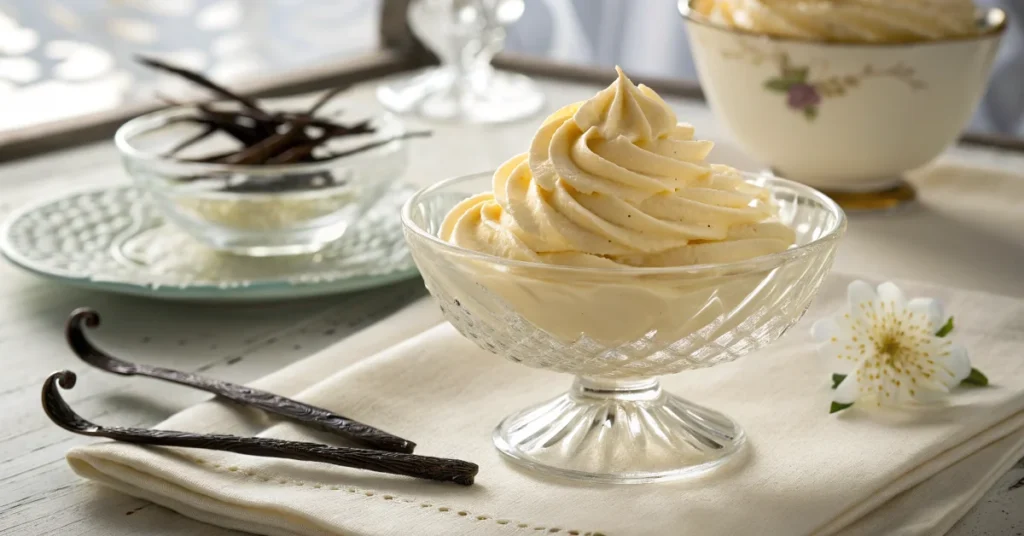 Luxurious whipped vanilla ganache in crystal bowl, silky smooth texture, garnished with vanilla bean, professional pastry pho