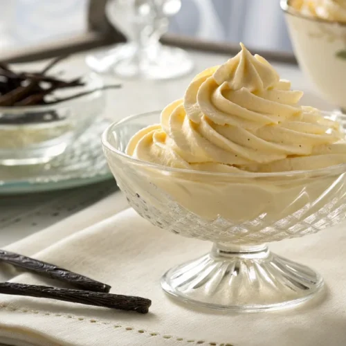 Luxurious whipped vanilla ganache in crystal bowl, silky smooth texture, garnished with vanilla bean, professional pastry pho