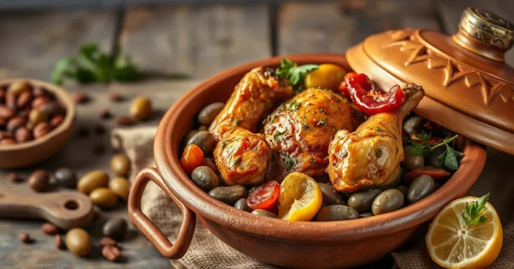 Moroccan tagine chicken on traditional clay tagine dish, aromatic spices, dried apricots, green olives, preserved lemons, fre