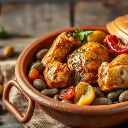 Moroccan tagine chicken on traditional clay tagine dish, aromatic spices, dried apricots, green olives, preserved lemons, fre