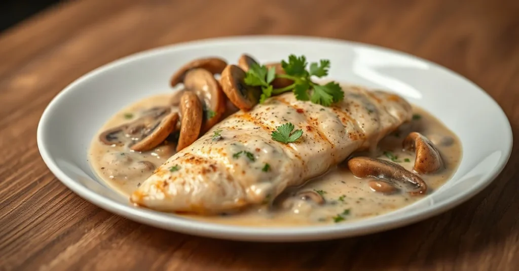 Plated chicken escalope in creamy mushroom sauce, garnished with fresh parsley, elegant French cuisine presentation on white