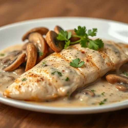 Plated chicken escalope in creamy mushroom sauce, garnished with fresh parsley, elegant French cuisine presentation on white