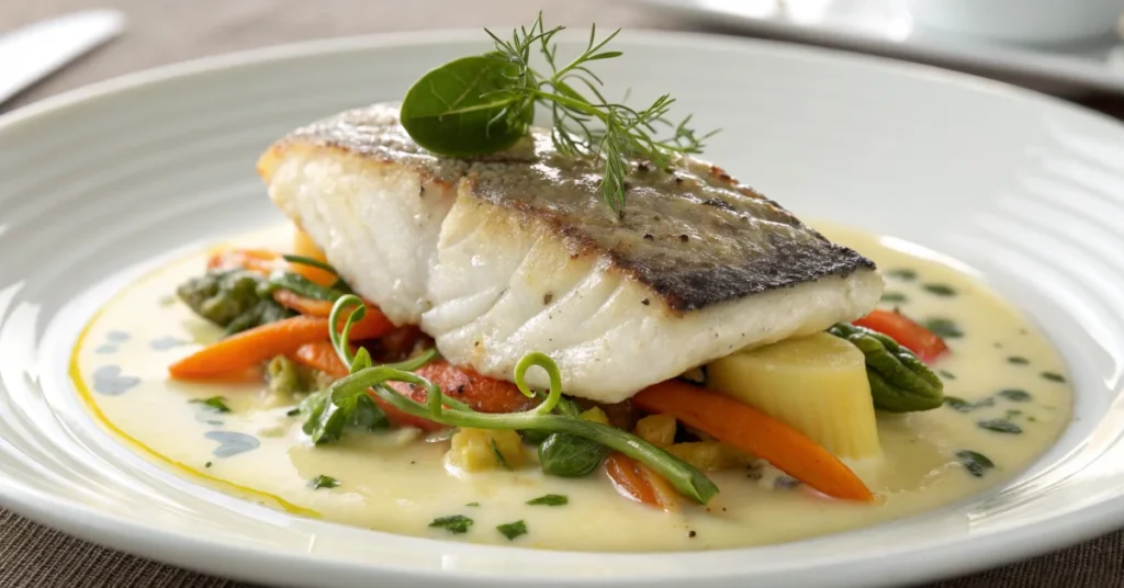 Plated gourmet sea bass fillet with beurre blanc sauce, buttered vegetables, fresh herbs garnish, fine dining presentation, e