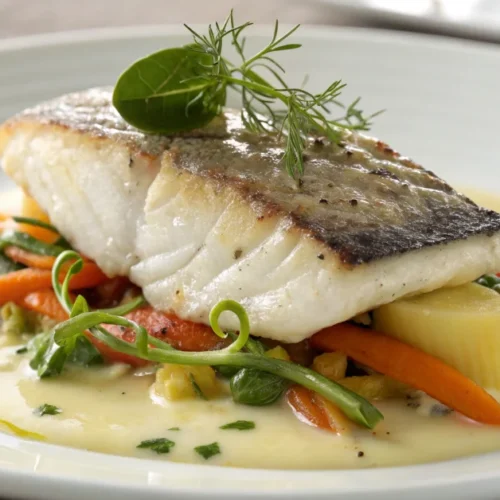 Plated gourmet sea bass fillet with beurre blanc sauce, buttered vegetables, fresh herbs garnish, fine dining presentation, e