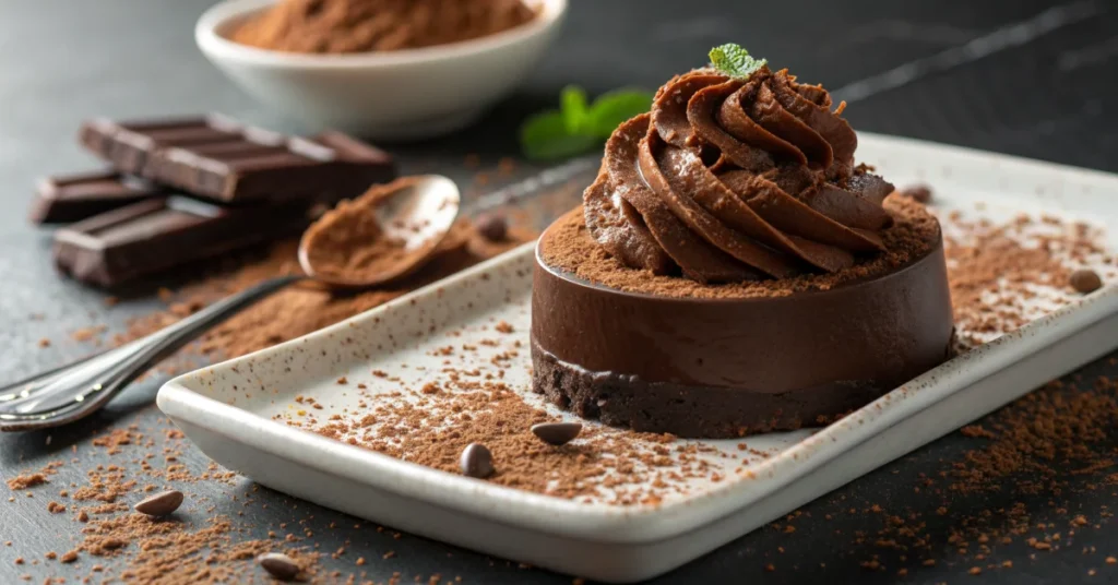 Rich dark chocolate mousse ganache, whipped fluffy texture, garnished with cocoa powder, elegant plating, professional food p