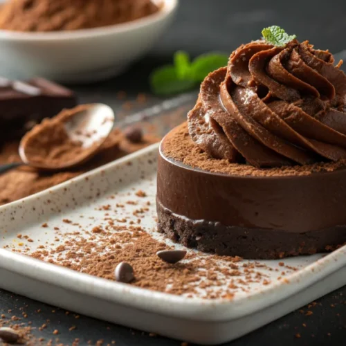 Rich dark chocolate mousse ganache, whipped fluffy texture, garnished with cocoa powder, elegant plating, professional food p