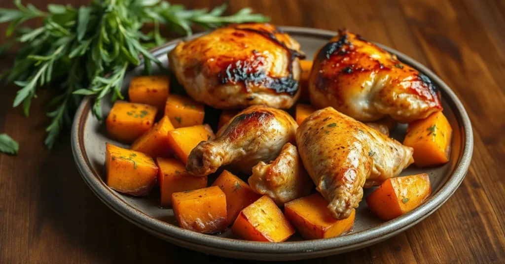 Roasted chicken pieces golden brown with caramelized sweet potato cubes, fresh herbs, rustic wooden table, professional food