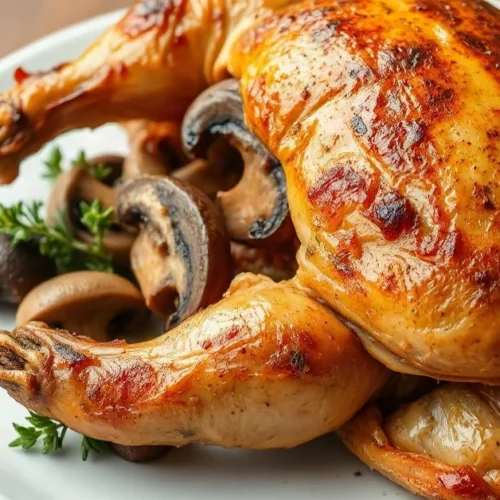 Roasted whole chicken stuffed with mushroom herb filling, golden crispy skin, served on white plate with fresh thyme garnish,