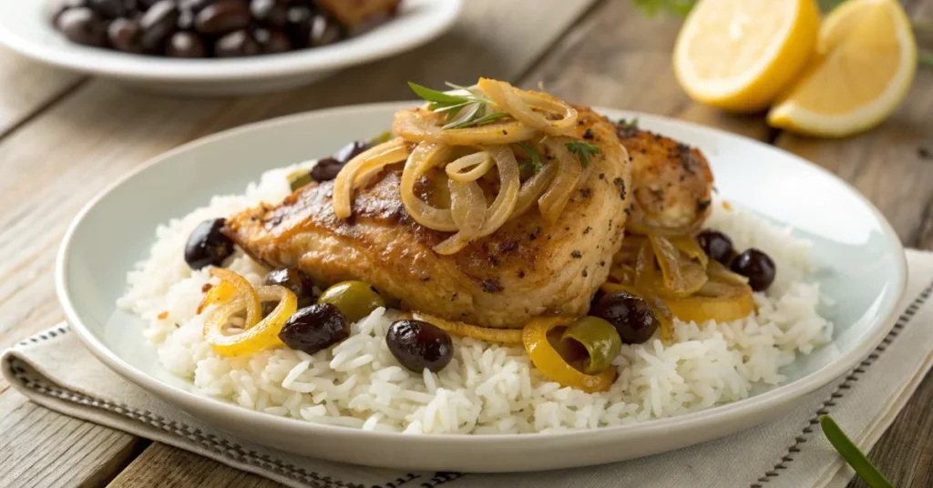 Senegalese chicken yassa with golden-brown poulet, caramelized onions, lemon sauce, olives, served on white rice plate, rusti