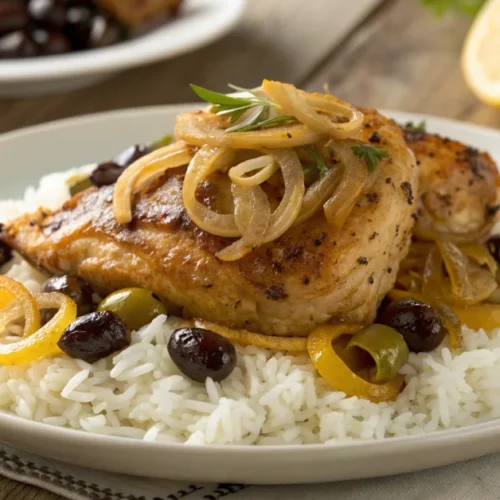 Senegalese chicken yassa with golden-brown poulet, caramelized onions, lemon sauce, olives, served on white rice plate, rusti