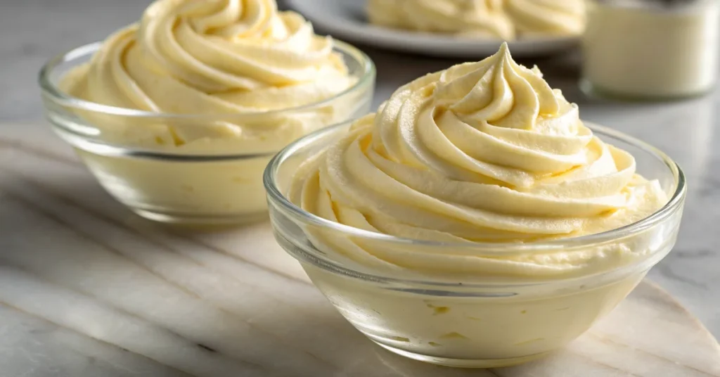 Silky French pastry cream in clear bowl, freshly whipped and creamy, vanilla flavor evident, professional culinary photograph