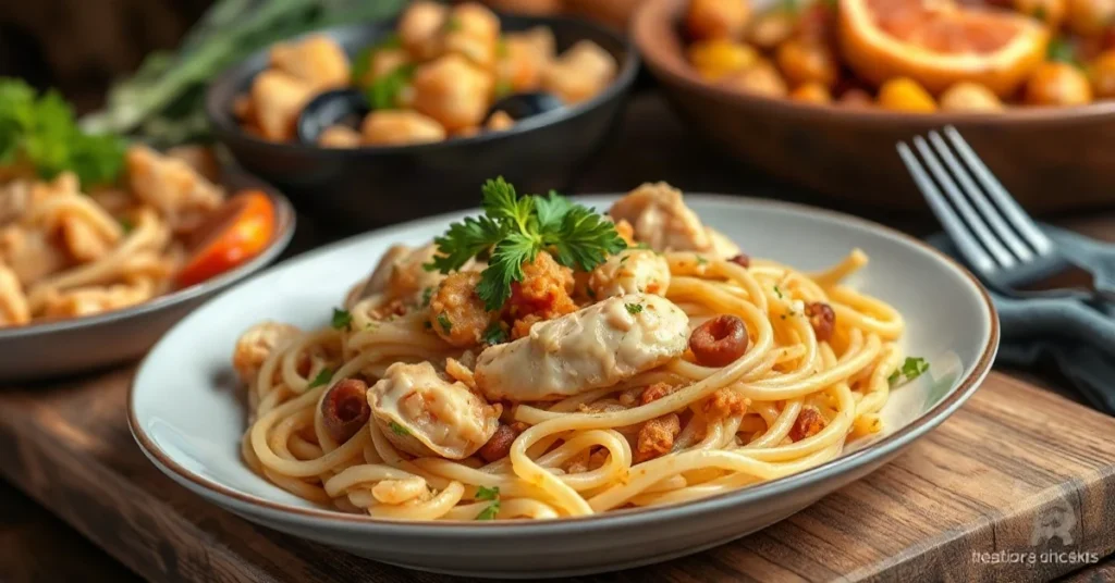 Spanish fideuà with chicken, garnished with fresh parsley, golden seafood paella-style noodle dish, vibrant Mediterranean cu