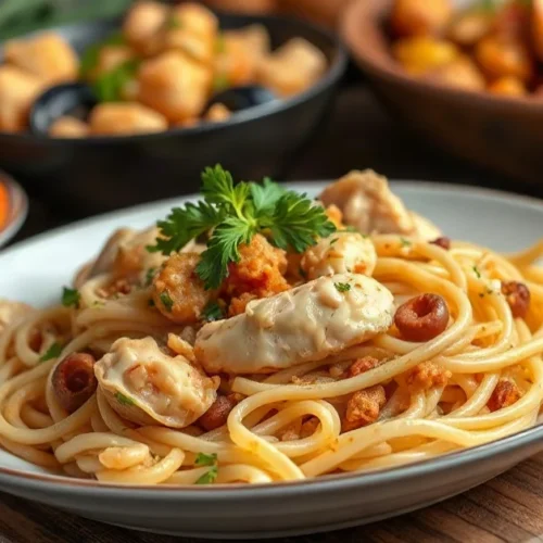 Spanish fideuà with chicken, garnished with fresh parsley, golden seafood paella-style noodle dish, vibrant Mediterranean cu