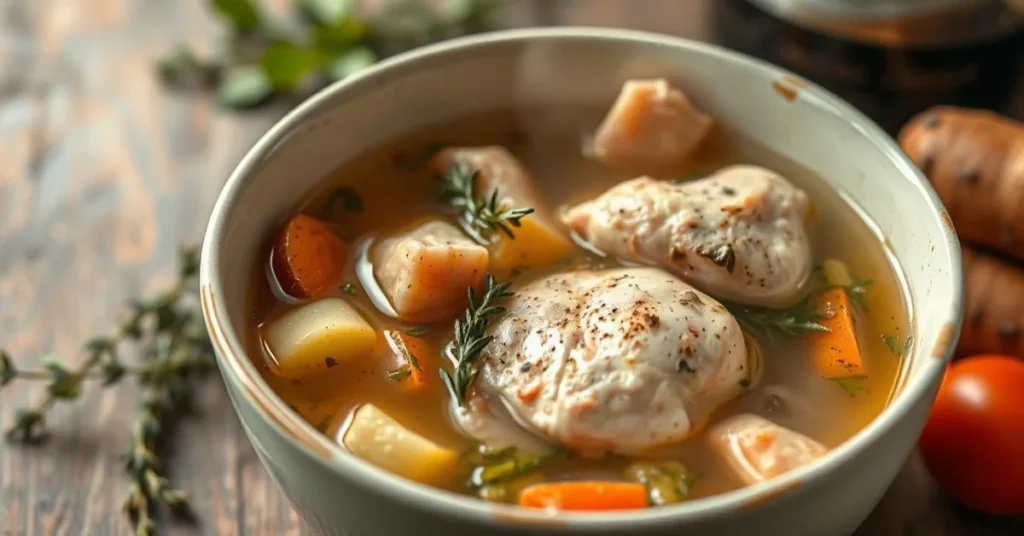 Steaming bowl of clear homemade chicken broth with herbs, fresh vegetables and aromatic thyme garnish, rustic French kitchen