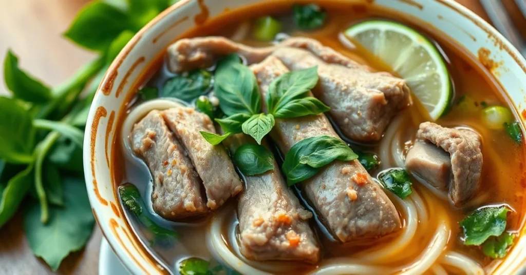 Steaming bowl of Vietnamese pho beef with fresh herbs, rice noodles, tender beef slices, aromatic broth, garnished with basil