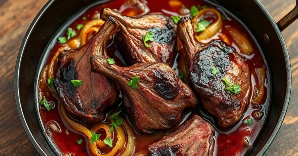 Succulent beef heart pieces seared in cast iron skillet with caramelized onions, rich red wine sauce, fresh herbs, and garnis