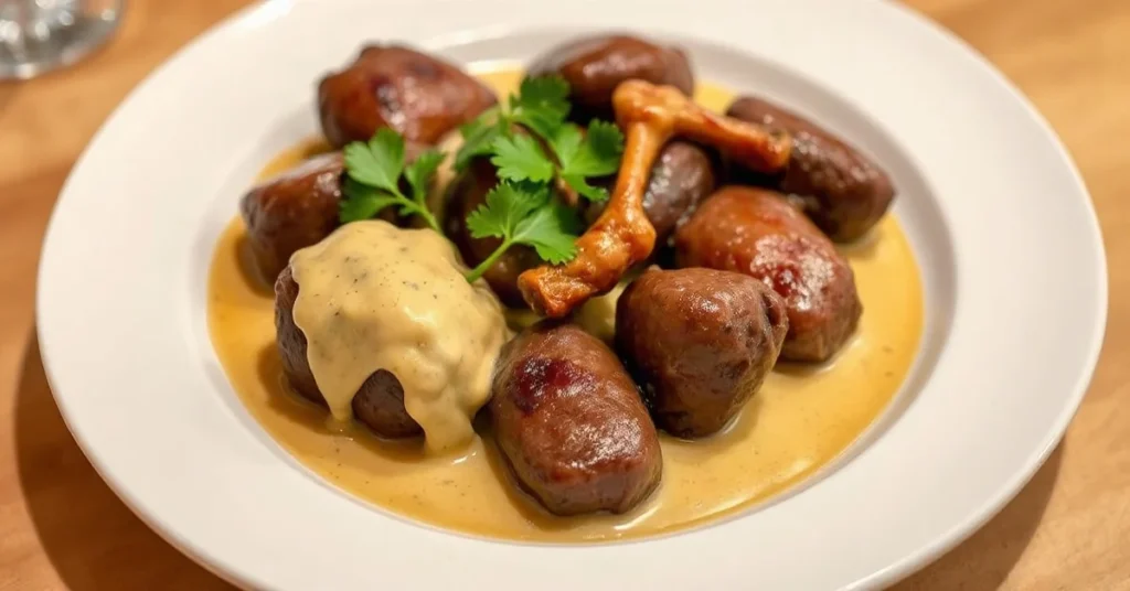 Succulent beef kidneys sautéed in creamy mustard sauce, garnished with fresh parsley, plated on white ceramic dish, restaura