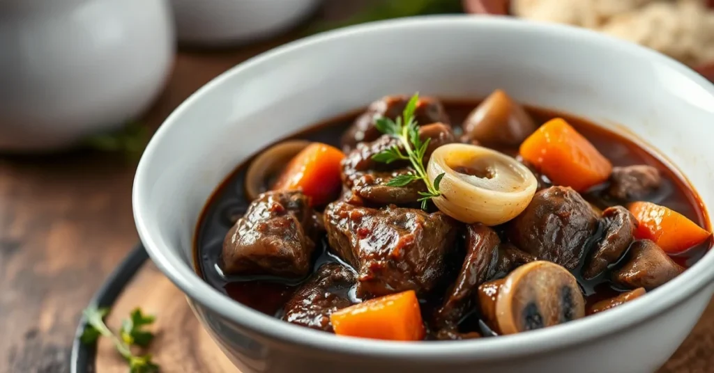 Traditional French beef bourguignon stew in white ceramic bowl, rich wine sauce with tender beef chunks, pearl onions, mushro