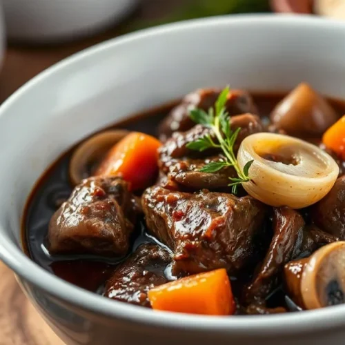 Traditional French beef bourguignon stew in white ceramic bowl, rich wine sauce with tender beef chunks, pearl onions, mushro