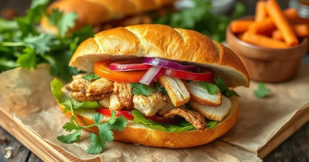 Vietnamese chicken banh mi sandwich, golden crispy baguette, fresh cilantro herbs, pickled vegetables, sliced chicken, vibran