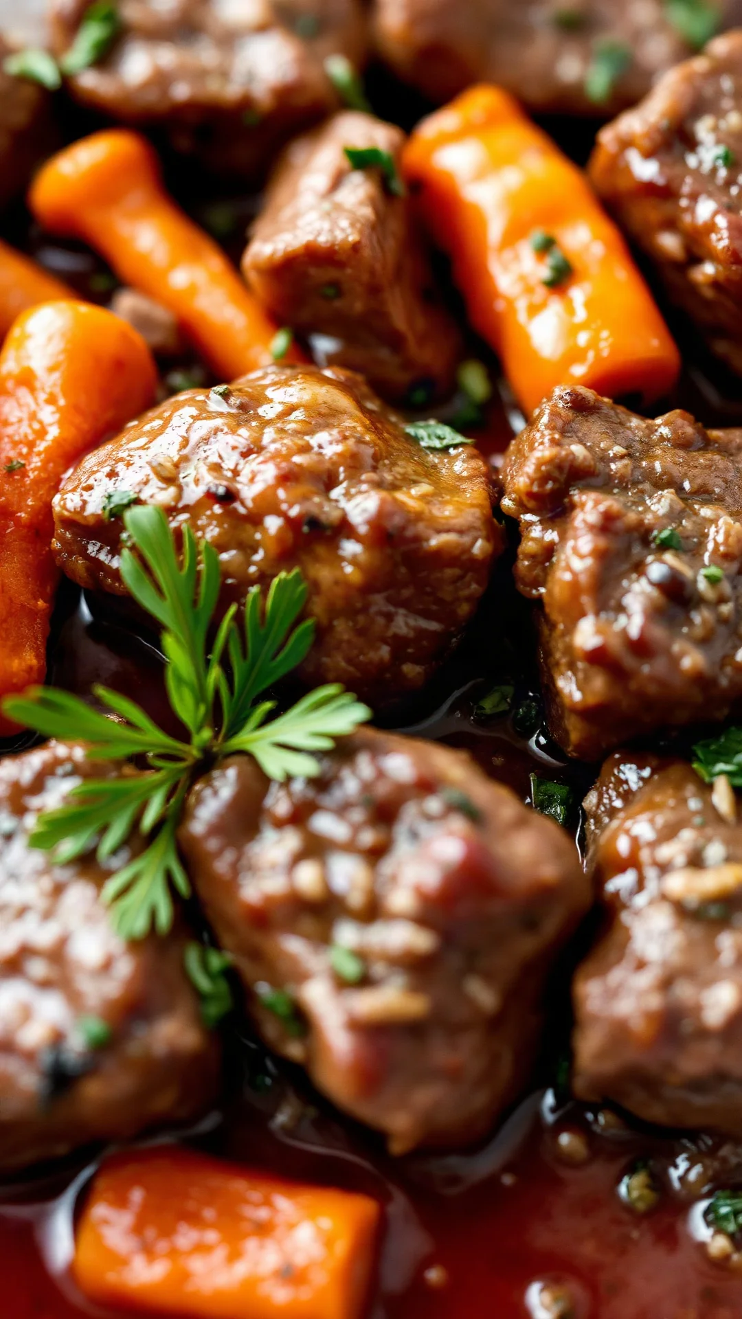 Gros plan du plat : morceaux de boeuf fondant accompagnés de carottes cuites à la perfection