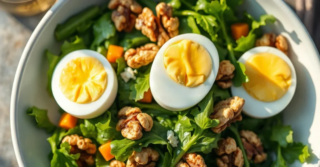 Salade de cresson frais avec œufs mollets et noix torréfiées