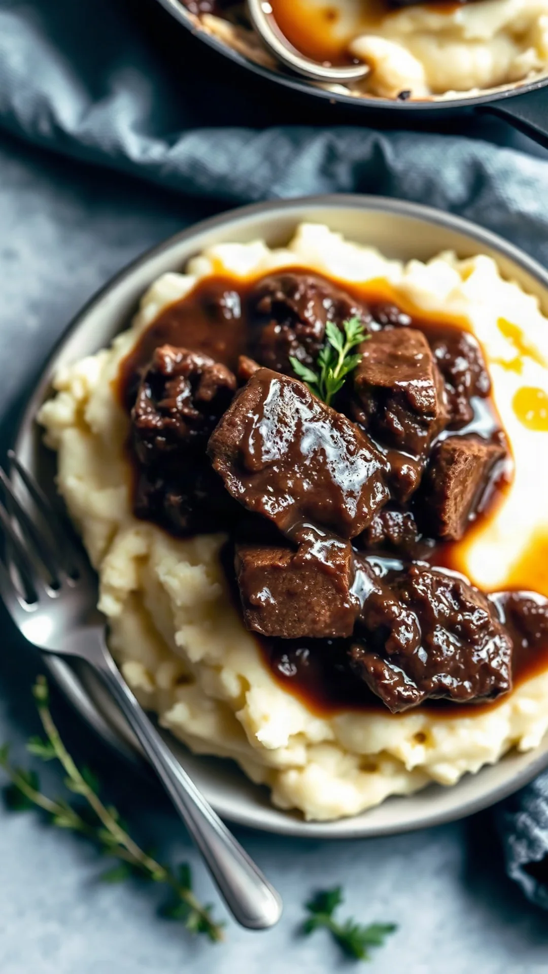 Joue de boeuf tendre servie sur purée avec sauce à la bière onctueuse et légumes racines