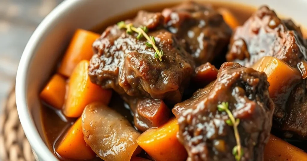Recette Joue De Bœuf À La Bière mijoté avec carottes et oignons dans une sauce brune riche et saveur