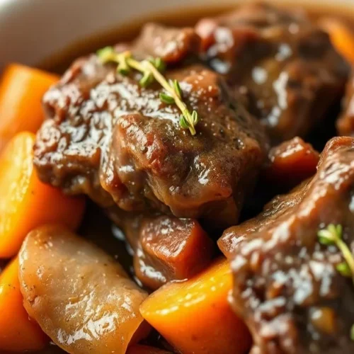 Recette Joue De Bœuf À La Bière mijoté avec carottes et oignons dans une sauce brune riche et saveur