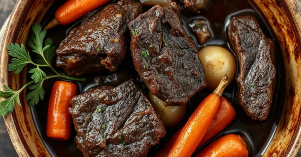Plat de côte boeuf braisé tendre avec légumes et sauce riche