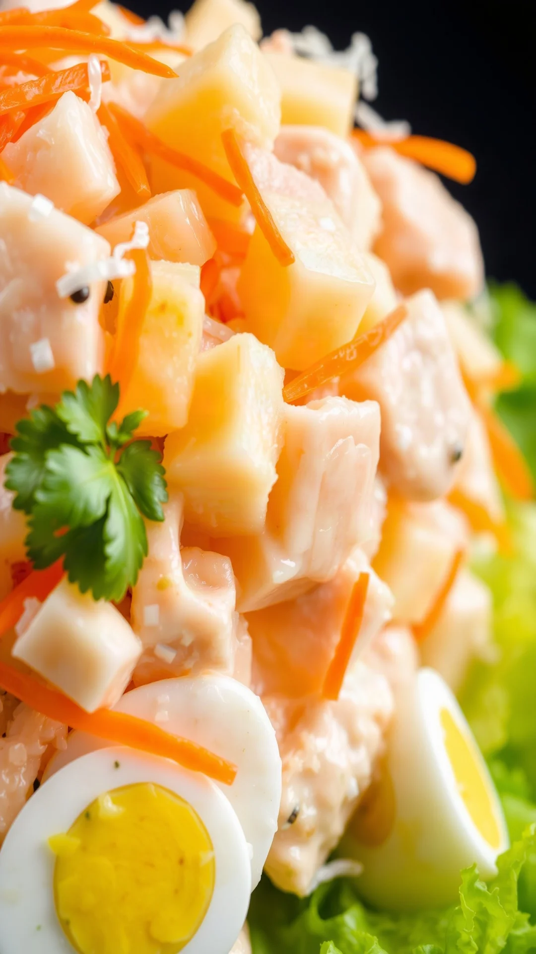 Recette Salade Alaska Surimi Ananas Carottes présentée en assiette avec laitue croquante et sauce crémeuse