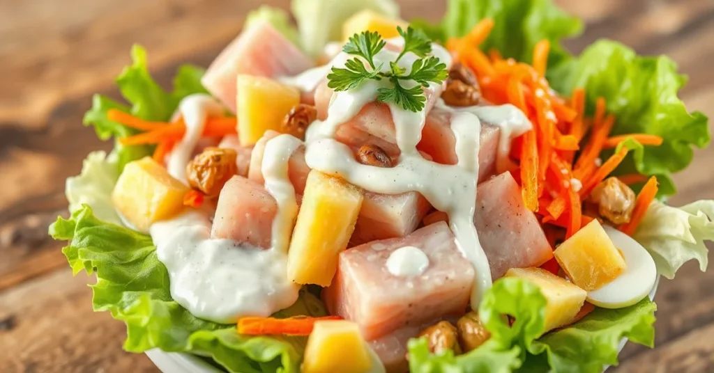 Salade Alaska fraîche avec surimi, ananas, carottes râpées et œufs durs garnie de sauce crémeuse