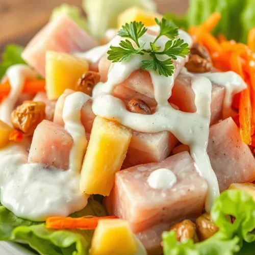 Salade Alaska fraîche avec surimi, ananas, carottes râpées et œufs durs garnie de sauce crémeuse