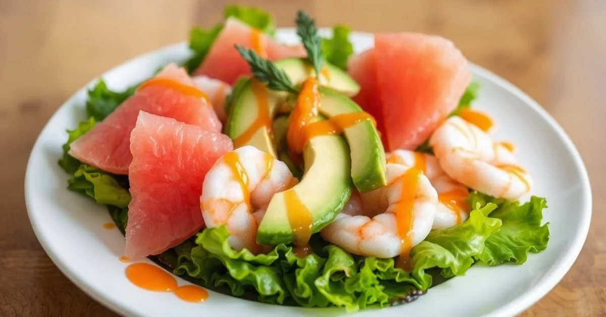 Salade élégante avec avocats, crevettes roses et pamplemousse frais, sauce cocktail