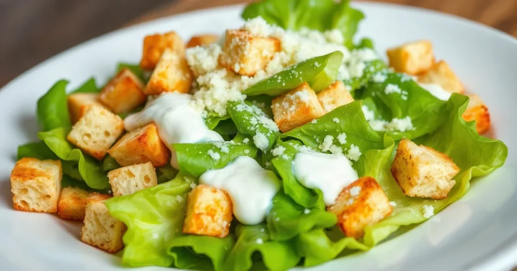 Salade César fraîche avec laitue, croutons dorés et sauce crémeuse