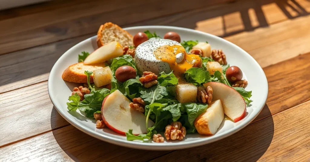 Salade tiède aux rondelles de chèvre fondant sur pain grillé et feuilles vertes croustillantes